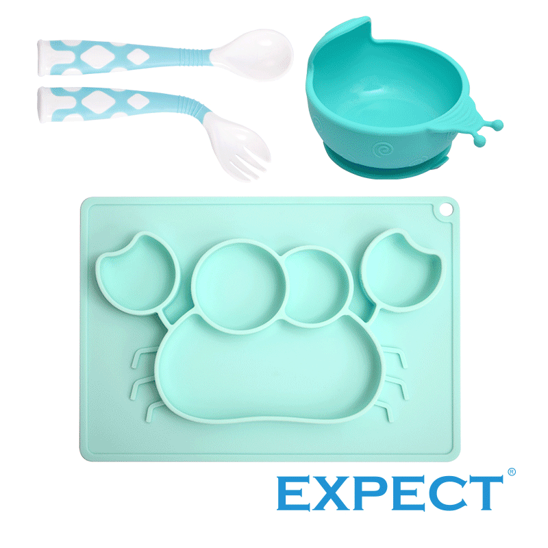 【EXPECT】兒童矽膠餐盤+蝸牛學習吸盤碗+彎彎叉匙組(螃蟹紅色組)